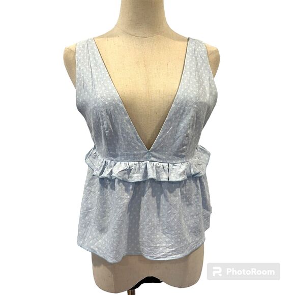 Urban Outfitters Blue White Peplum Linen Blend Top V-Neck Small Summer Vacation - Picture 1 of 6